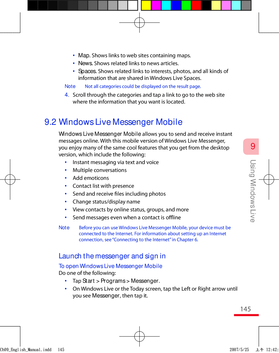 HTC TRIN100 Launch the messenger and sign, 145, To open Windows Live Messenger Mobile, Tap Start Programs Messenger 