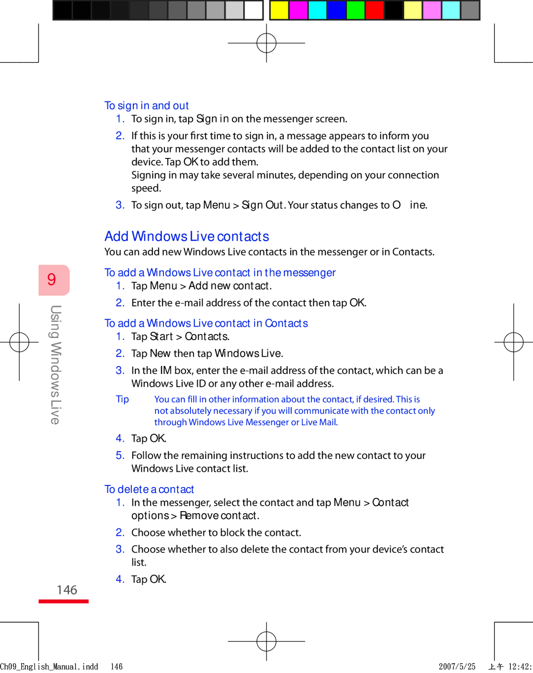 HTC TRIN100 user manual 146, Add Windows Live contacts 