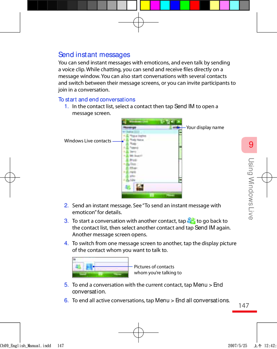 HTC TRIN100 user manual Send instant messages, 147, To start and end conversations, Conversation 