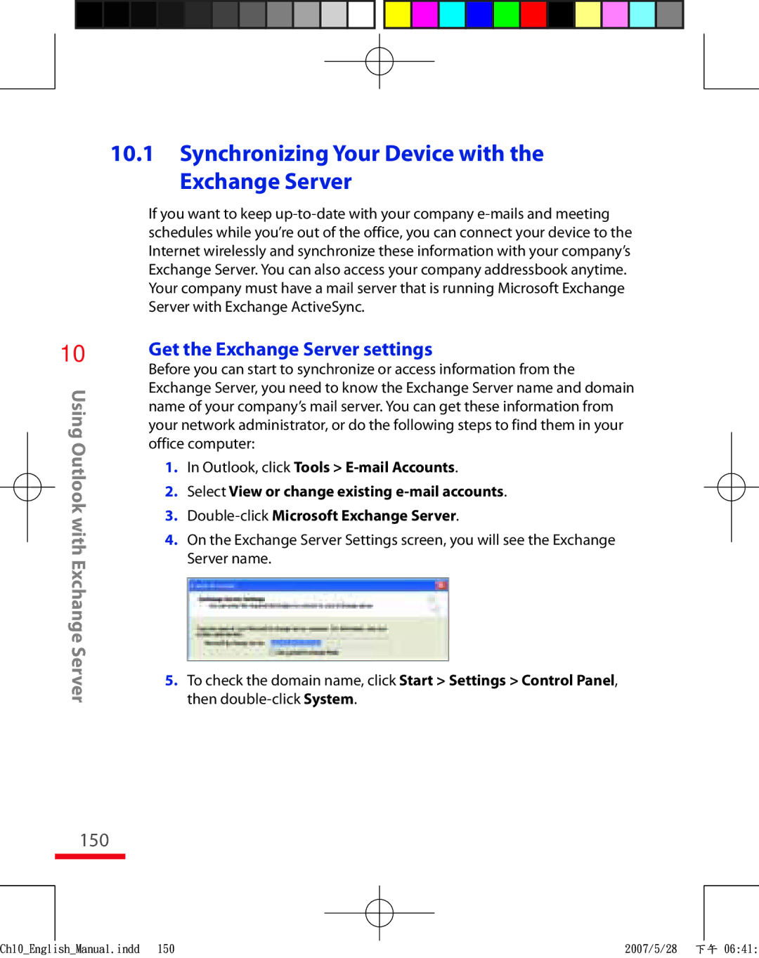 HTC TRIN100 user manual Synchronizing Your Device with the Exchange Server, 150, Get the Exchange Server settings 