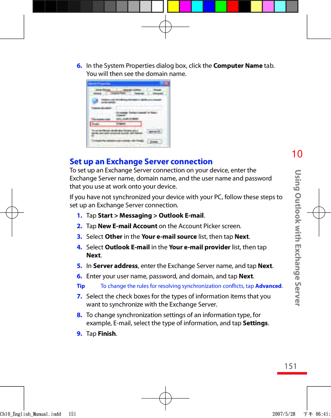 HTC TRIN100 user manual Set up an Exchange Server connection, 151, Tap Start Messaging Outlook E-mail 