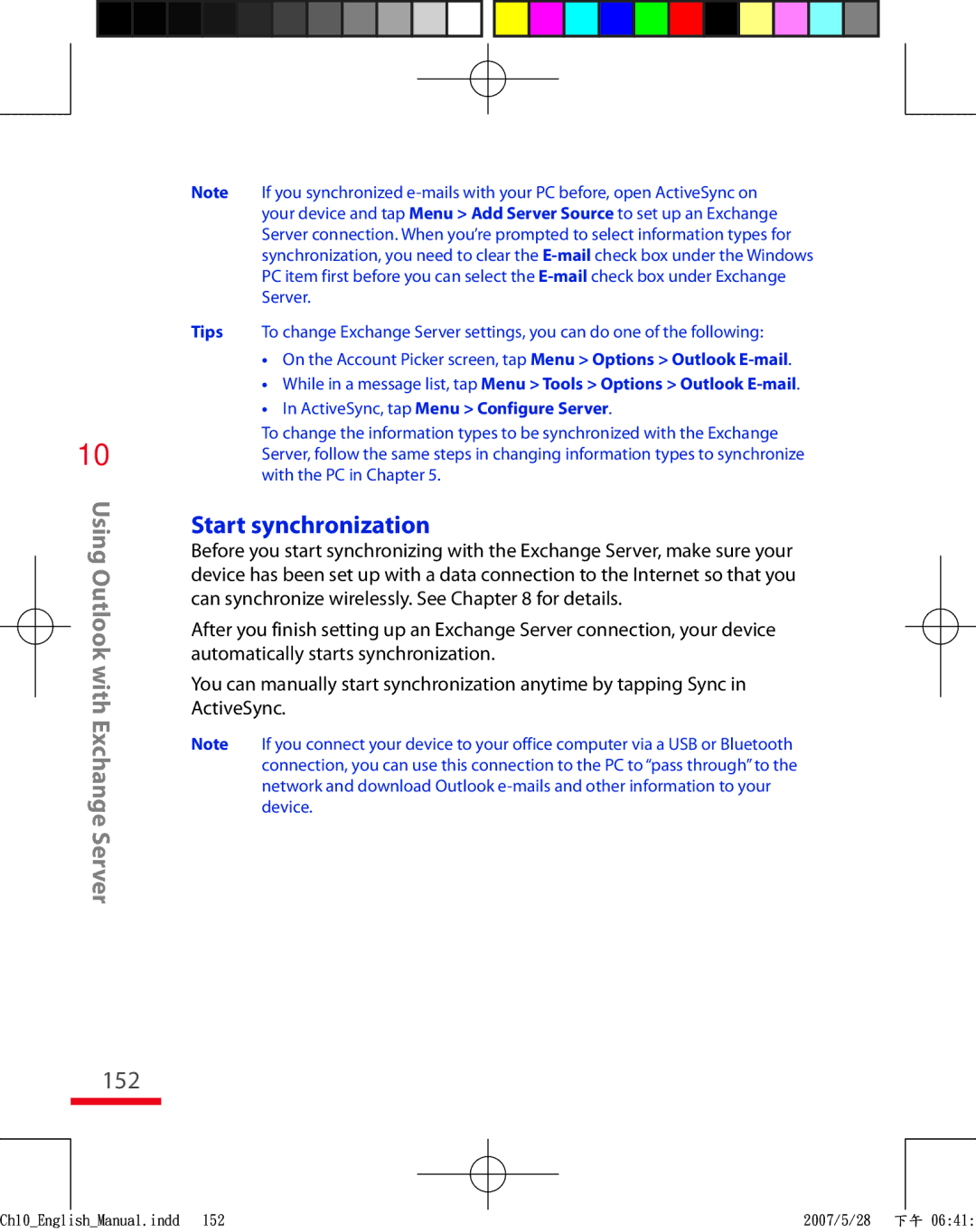 HTC TRIN100 user manual 152, Start synchronization 