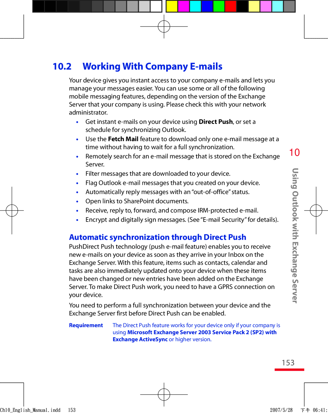 HTC TRIN100 user manual Working With Company E-mails, Automatic synchronization through Direct Push, 153 