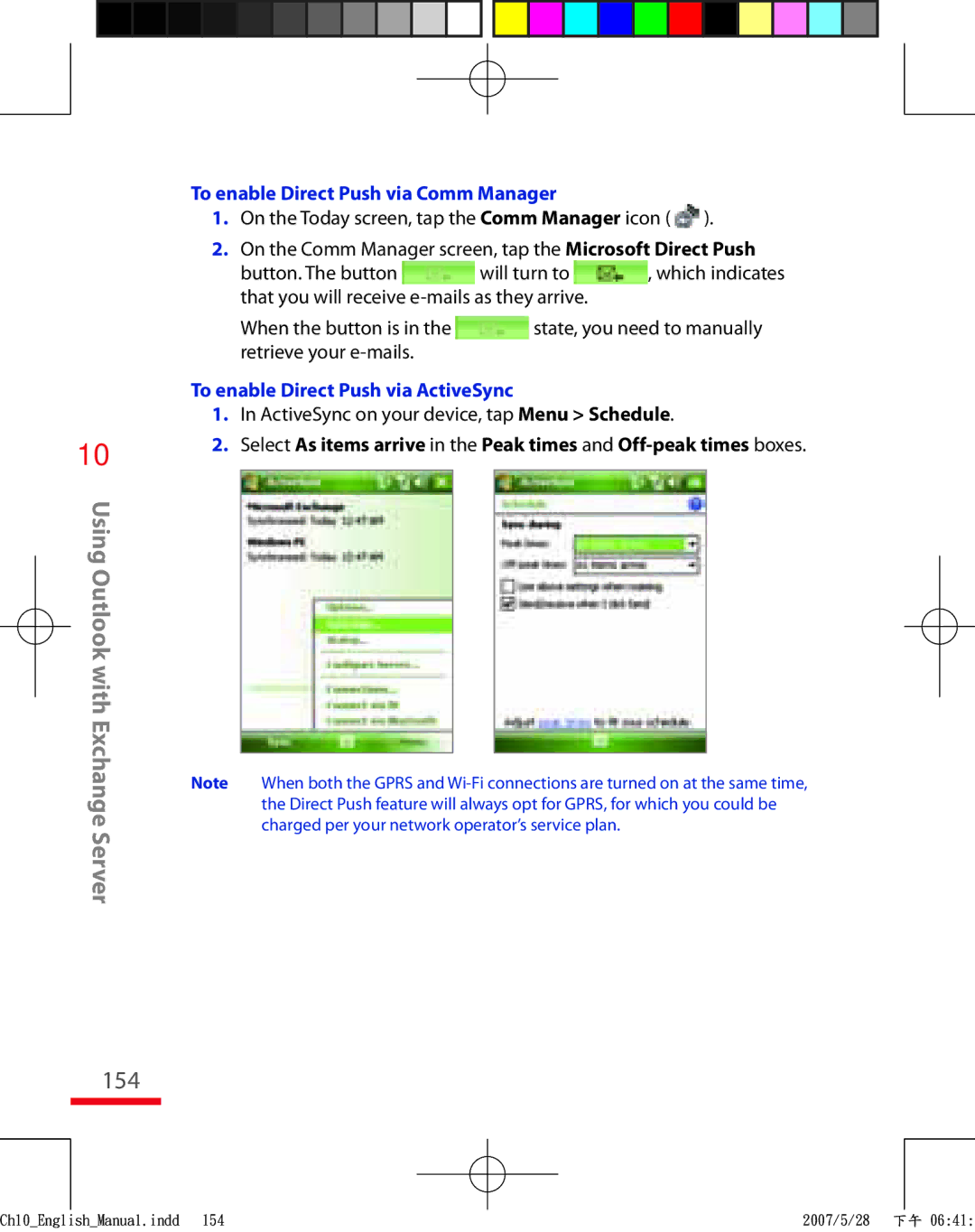 HTC TRIN100 user manual 154, To enable Direct Push via Comm Manager, To enable Direct Push via ActiveSync 