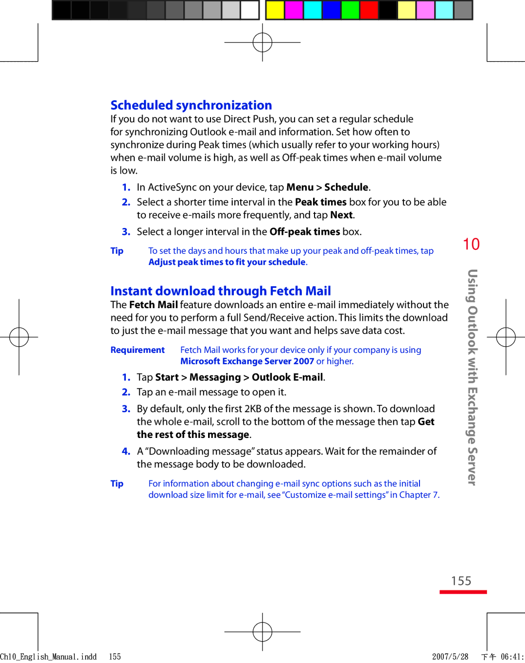 HTC TRIN100 user manual Scheduled synchronization, Instant download through Fetch Mail, 155 