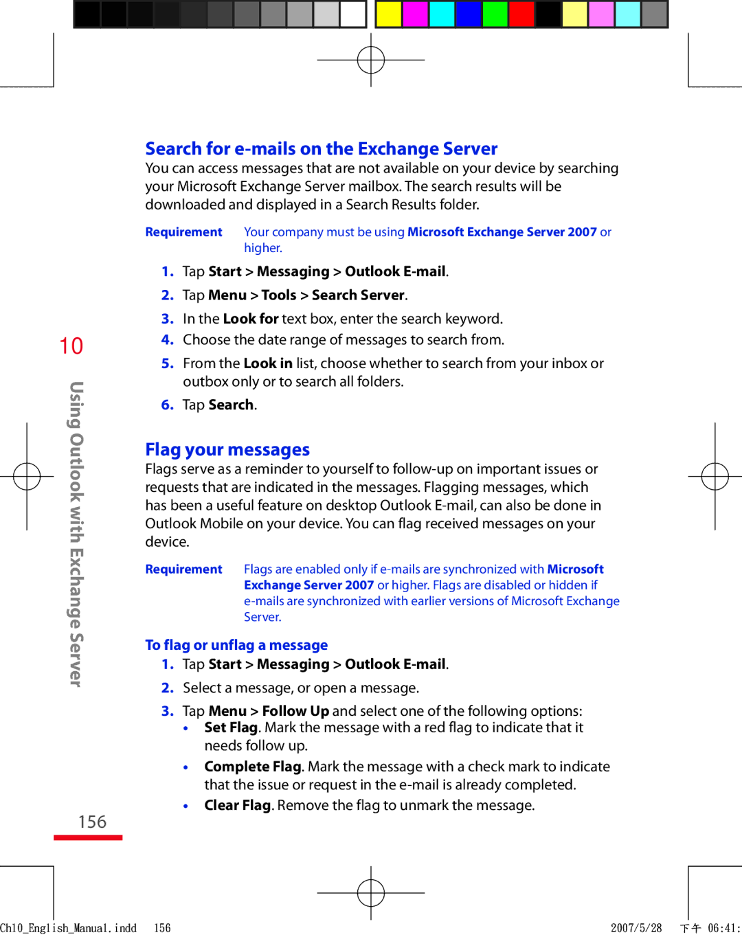 HTC TRIN100 156, Search for e-mails on the Exchange Server, Flag your messages, Tap Search, To flag or unflag a message 