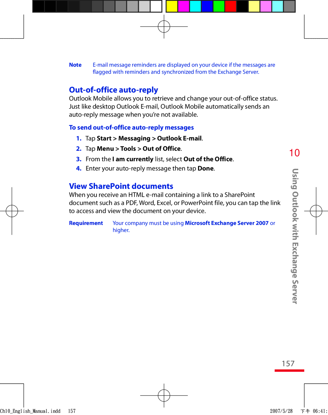 HTC TRIN100 user manual Out-of-office auto-reply, View SharePoint documents, 157, To send out-of-office auto-reply messages 