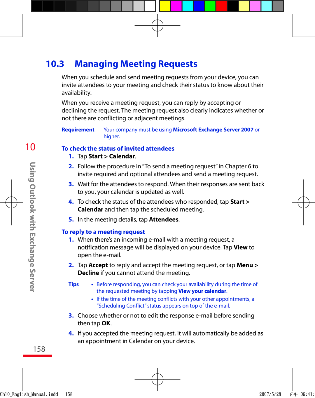 HTC TRIN100 user manual 158, To check the status of invited attendees, To reply to a meeting request 