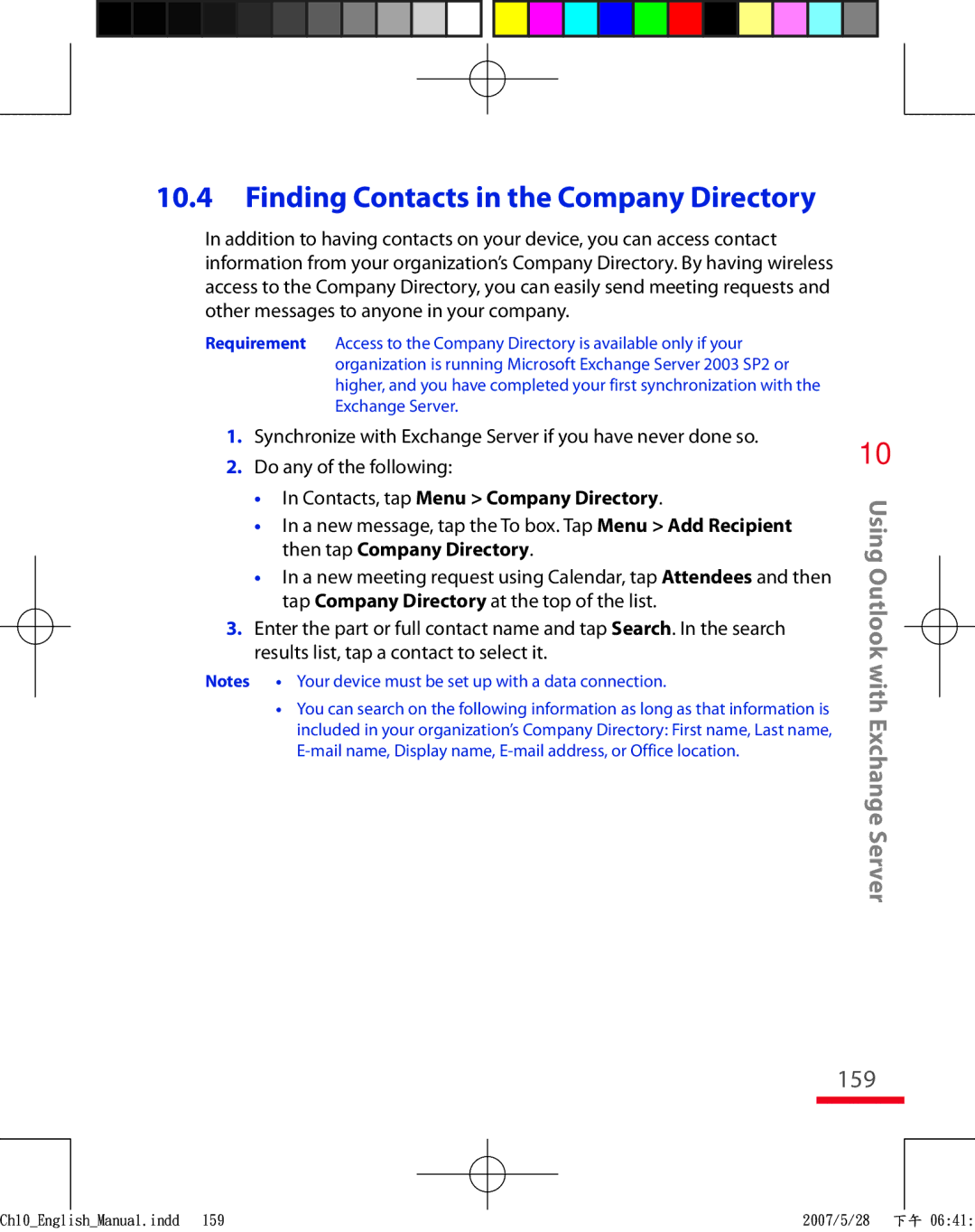 HTC TRIN100 user manual 159, Contacts, tap Menu Company Directory 