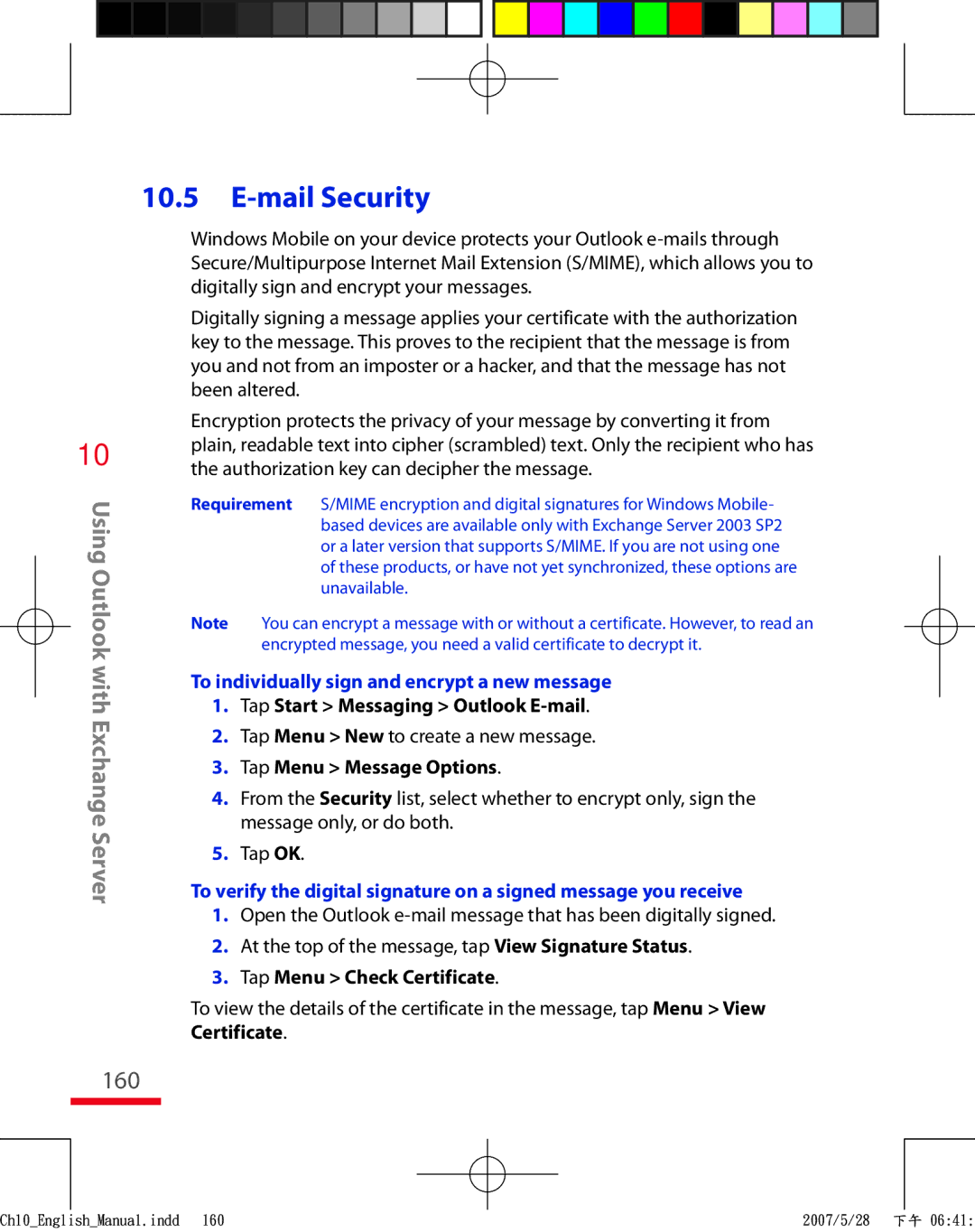 HTC TRIN100 user manual 160, To individually sign and encrypt a new message, Tap Menu New to create a new message 