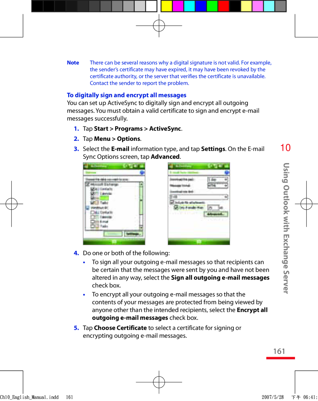 HTC TRIN100 user manual 161, To digitally sign and encrypt all messages, Tap Start Programs ActiveSync Tap Menu Options 