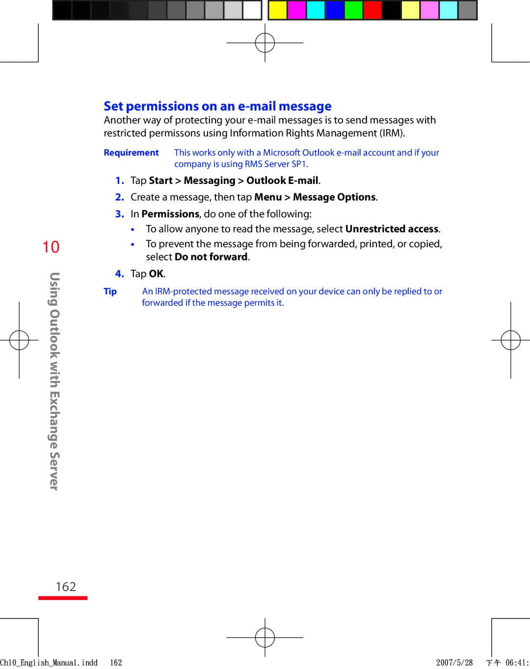 HTC TRIN100 user manual 162, Set permissions on an e-mail message 