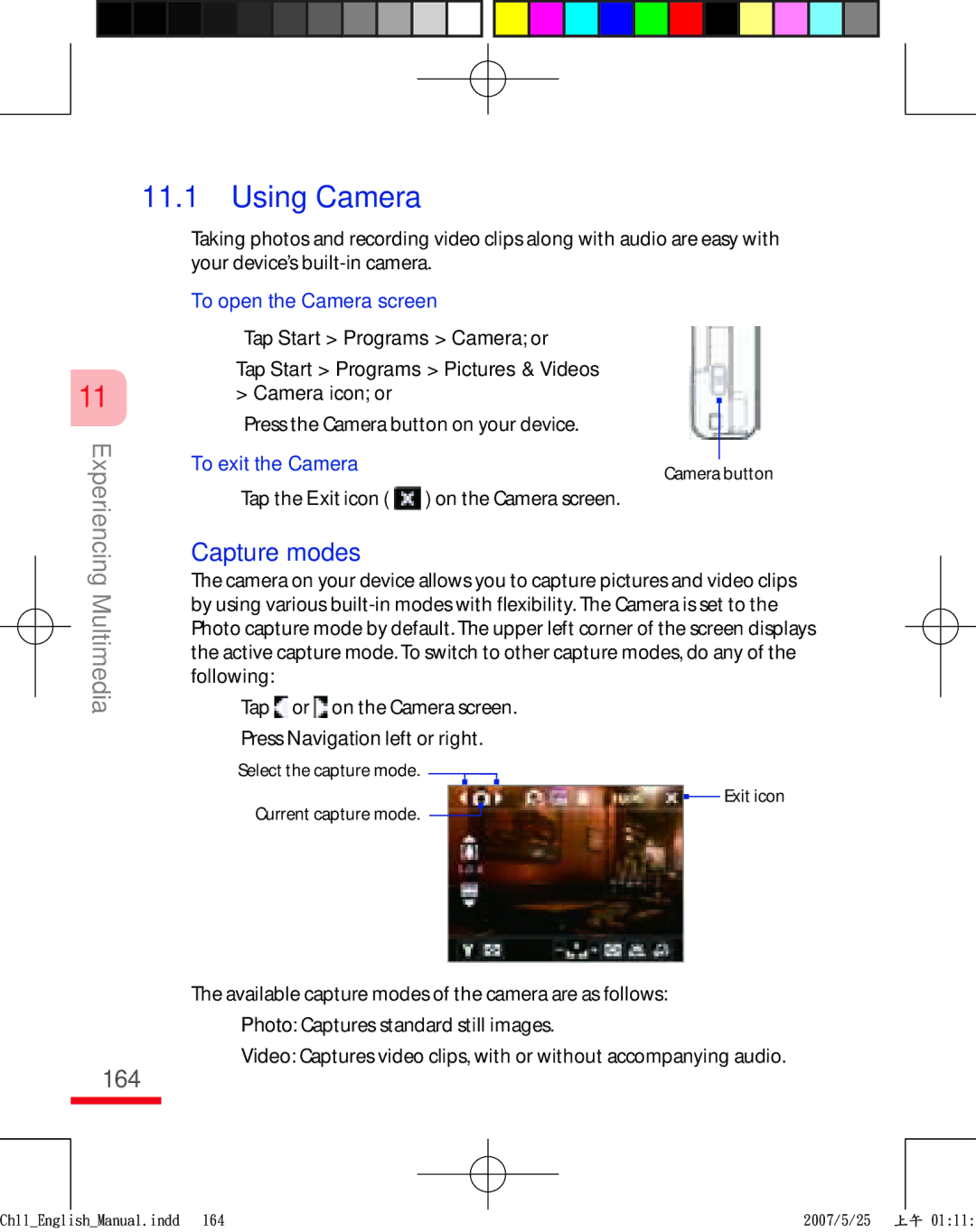 HTC TRIN100 user manual Using Camera, Capture modes, 164, To open the Camera screen, To exit the Camera 