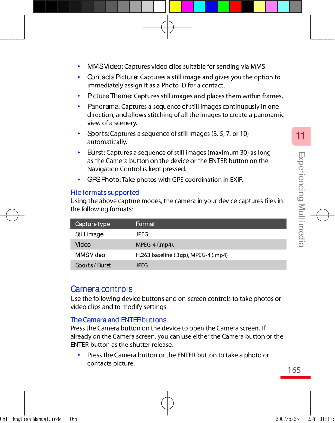 HTC TRIN100 user manual Camera controls, 165, File formats supported, Camera and Enter buttons 