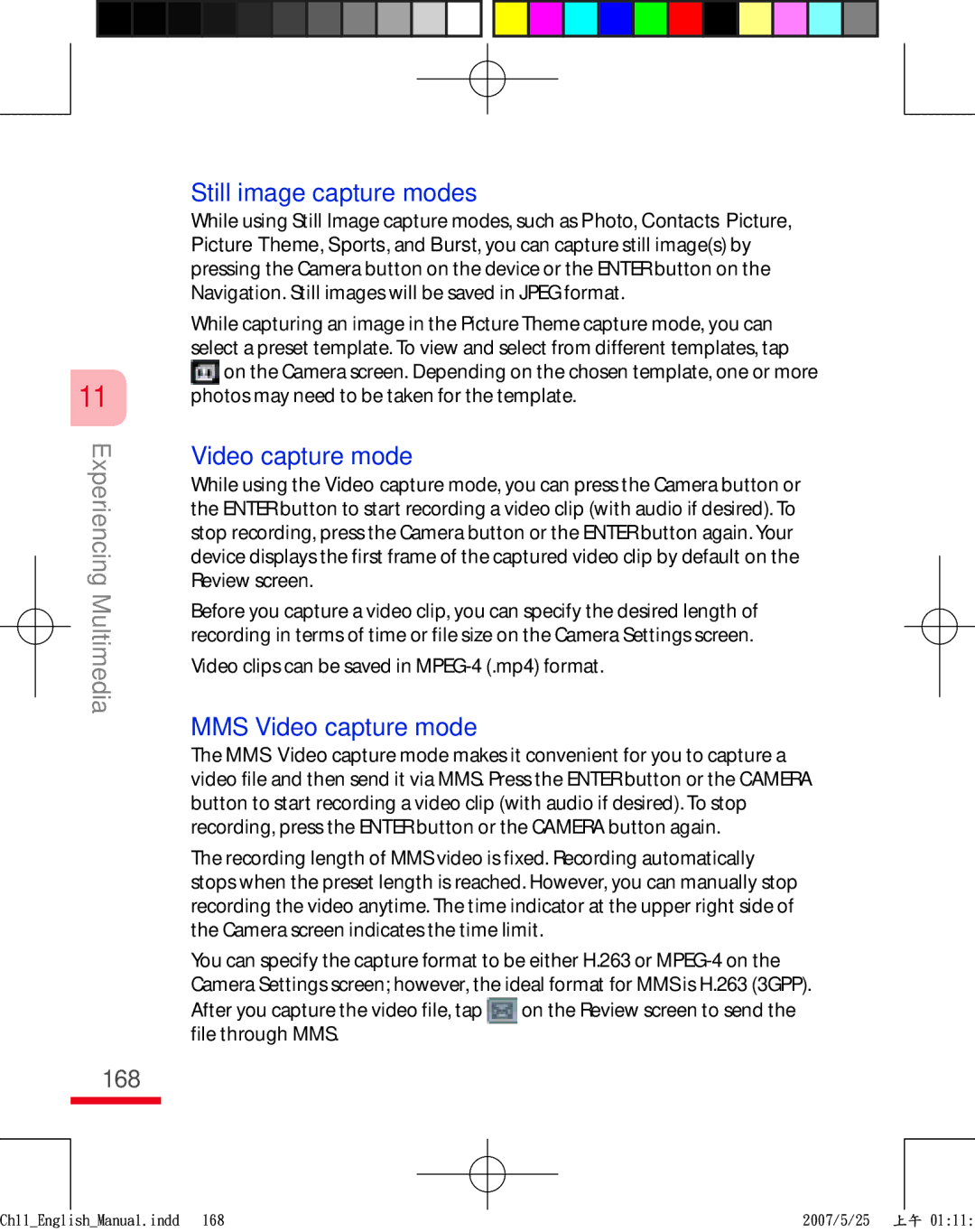 HTC TRIN100 user manual Still image capture modes, MMS Video capture mode, 168 