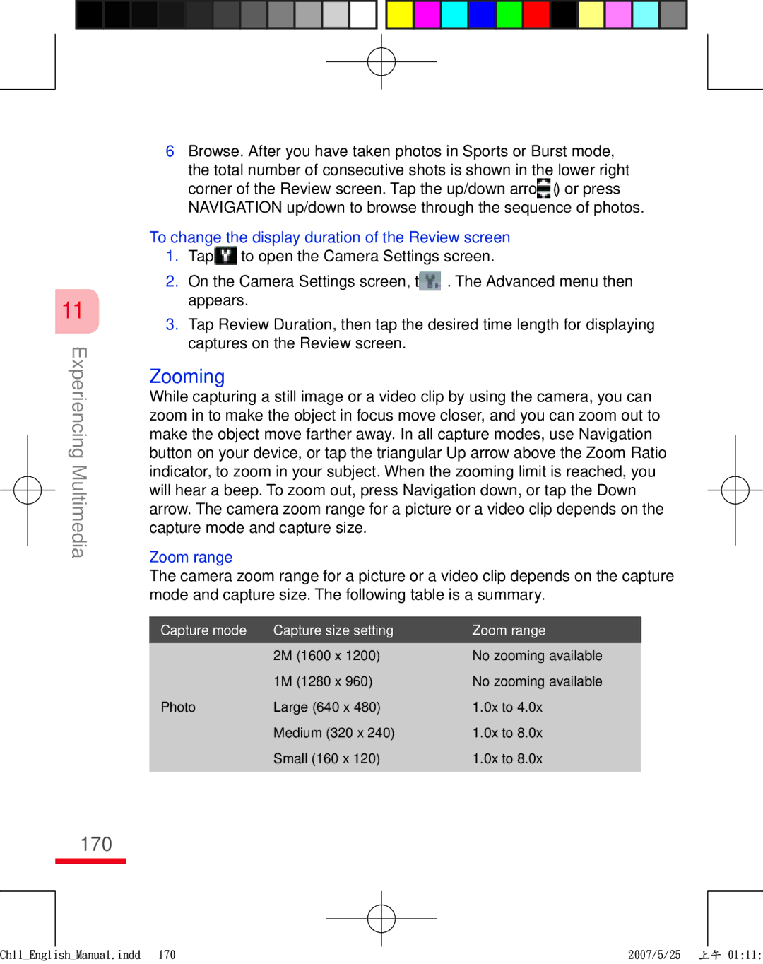 HTC TRIN100 user manual 170, Zooming, To change the display duration of the Review screen, Zoom range 