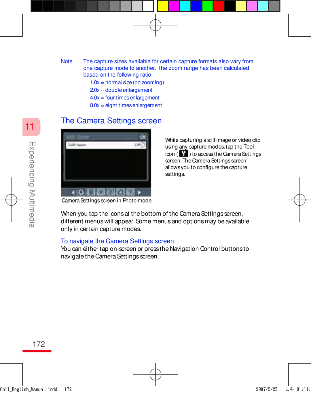 HTC TRIN100 user manual 172, To navigate the Camera Settings screen 