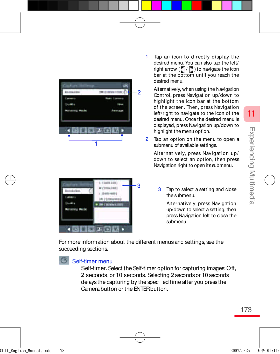 HTC TRIN100 user manual 173, Self-timer menu 