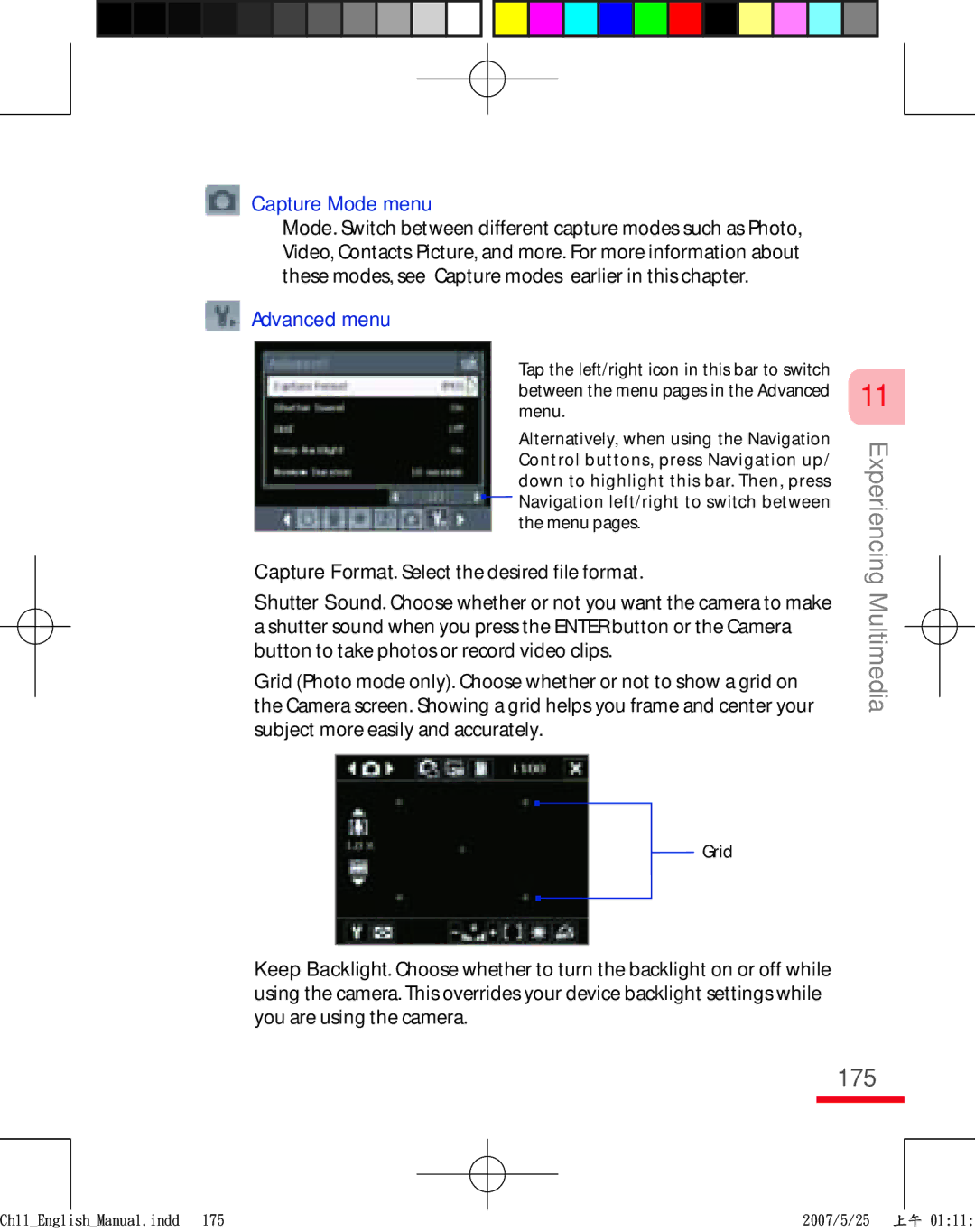 HTC TRIN100 user manual 175, Capture Mode menu, Advanced menu 