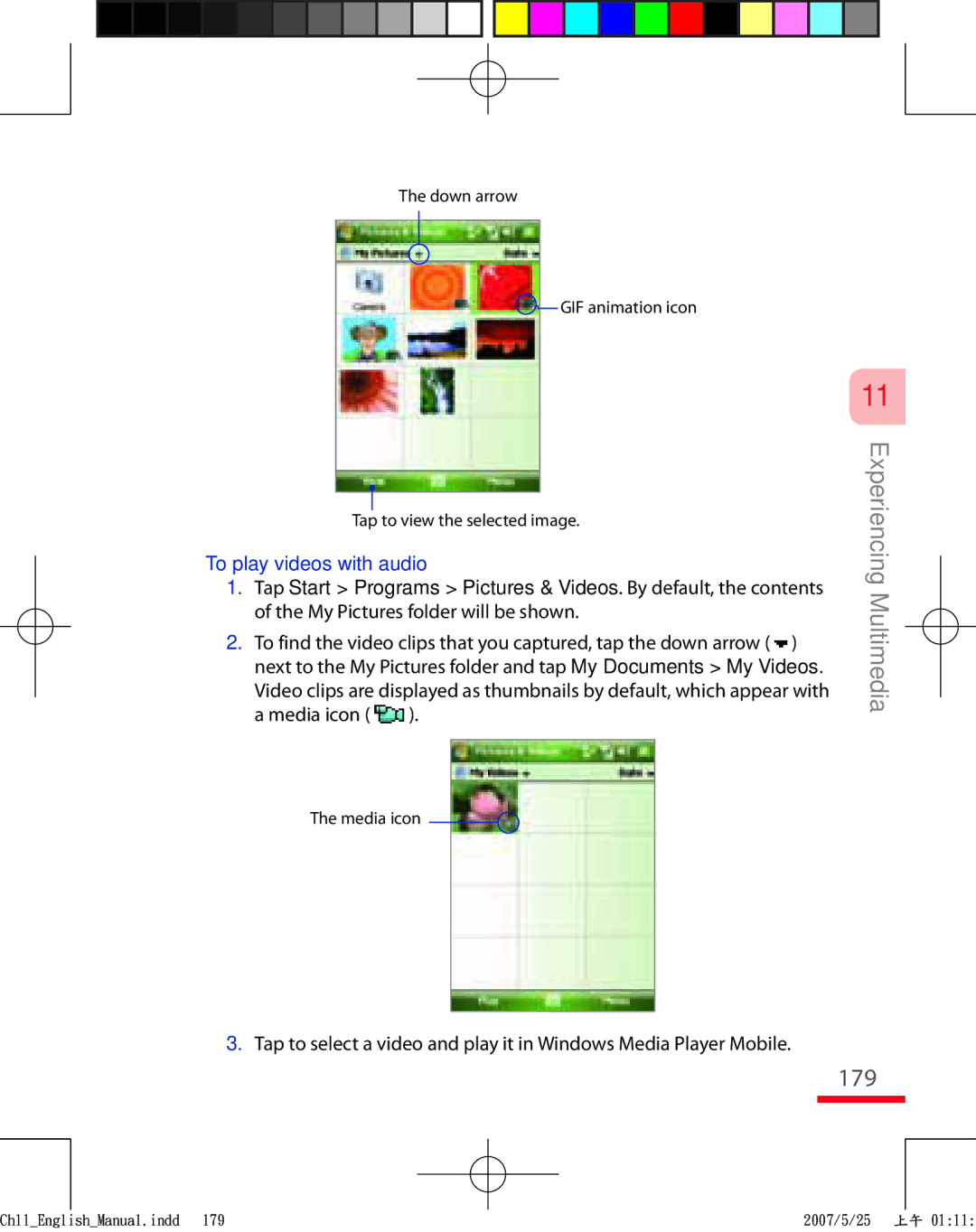 HTC TRIN100 user manual 179, To play videos with audio, Media icon 