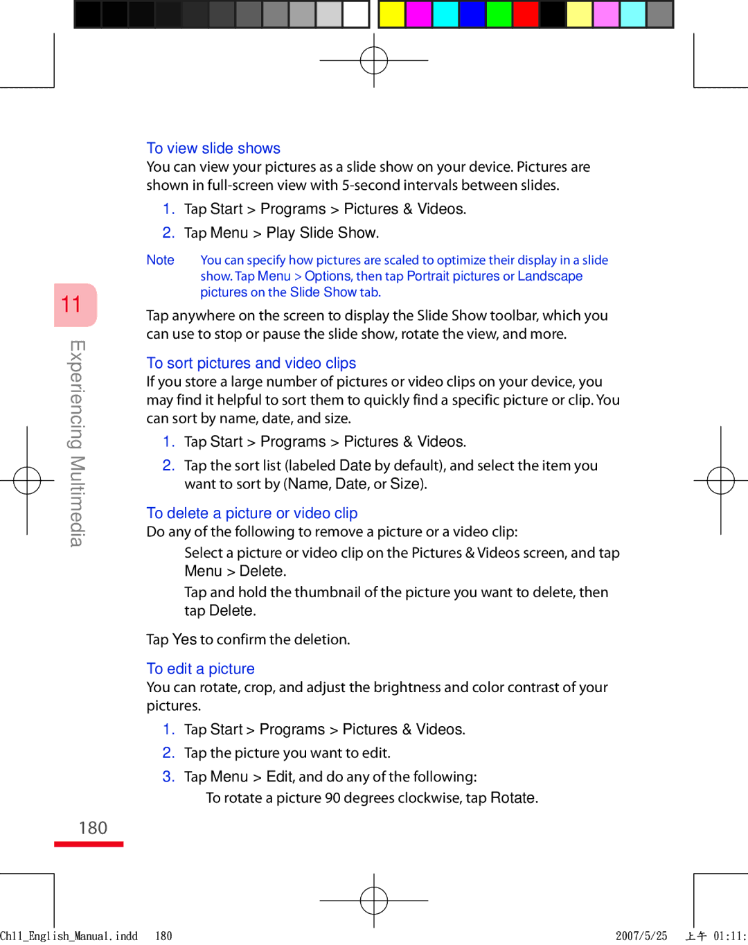 HTC TRIN100 user manual 180, To view slide shows, To sort pictures and video clips, To delete a picture or video clip 