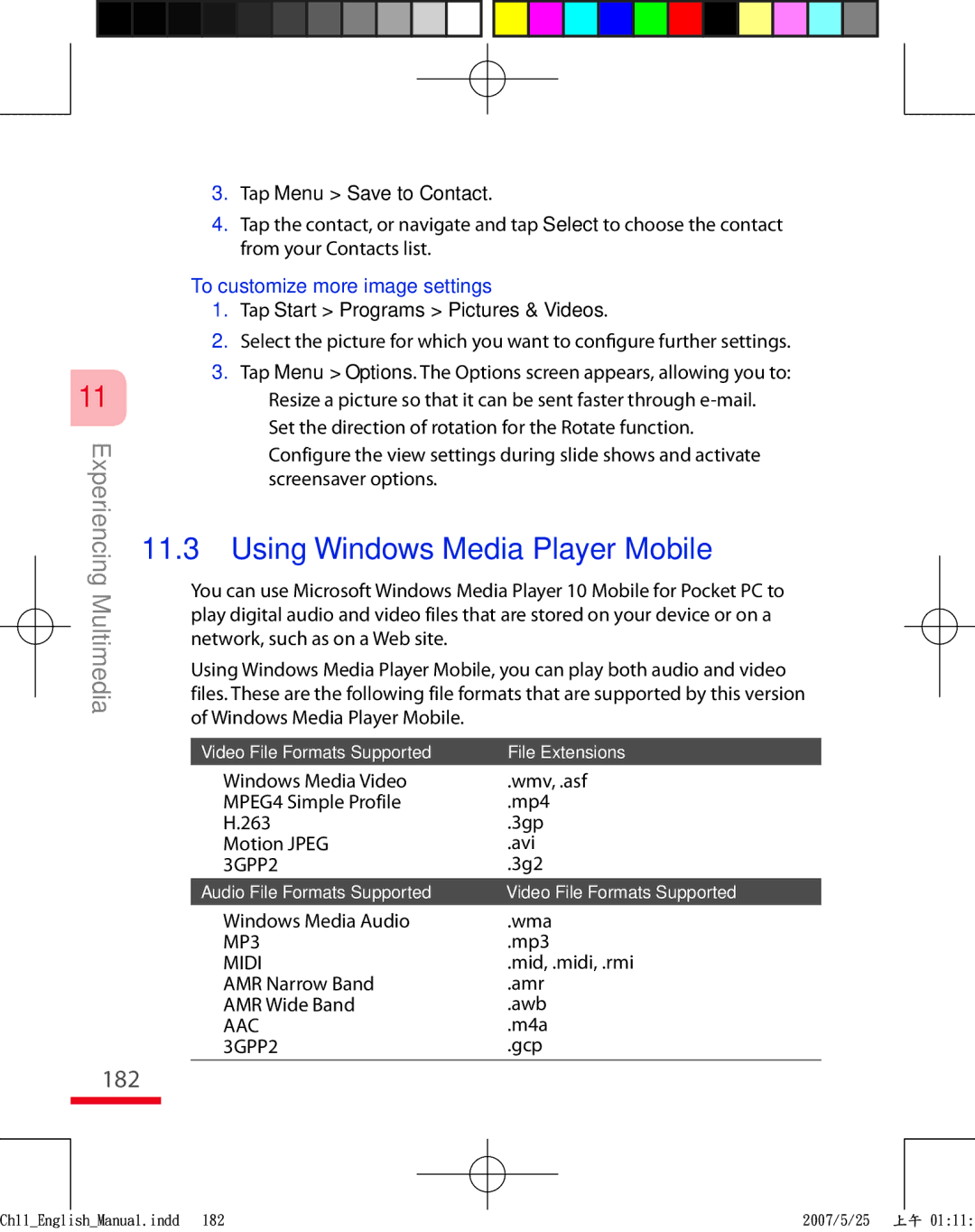 HTC TRIN100 user manual 182, Tap Menu Save to Contact, To customize more image settings 