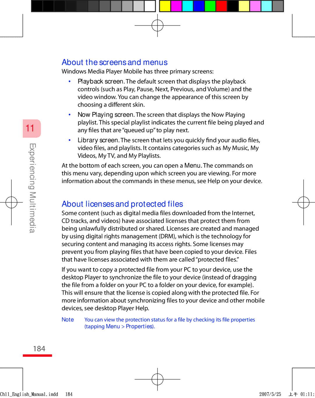 HTC TRIN100 user manual 184, About the screens and menus, About licenses and protected files 