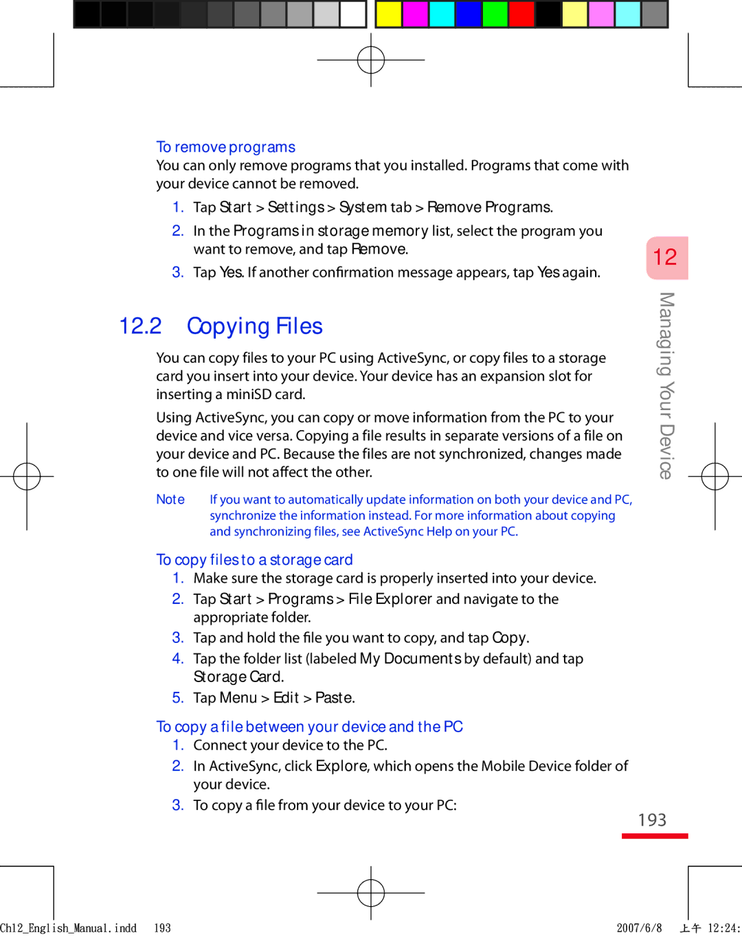 HTC TRIN100 user manual 193, To remove programs, To copy files to a storage card 