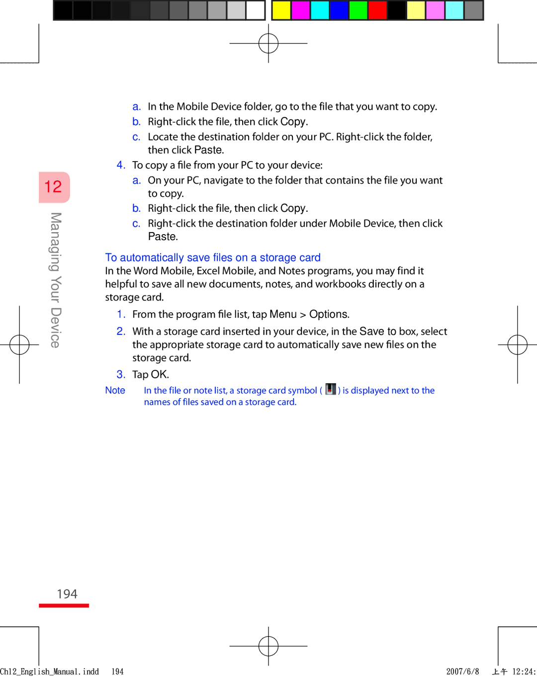 HTC TRIN100 user manual 194, To automatically save files on a storage card 