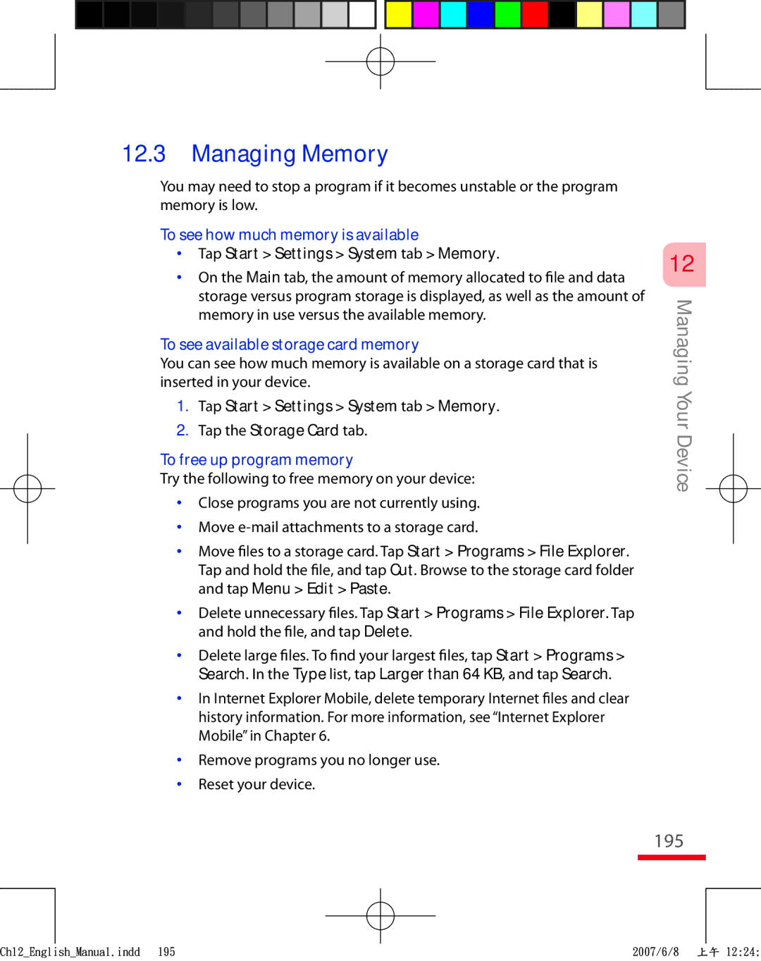 HTC TRIN100 195, To see how much memory is available, Tap Start Settings System tab Memory, To free up program memory 