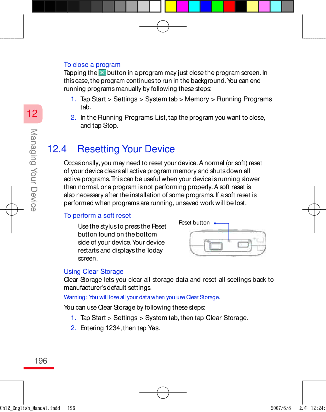 HTC TRIN100 user manual 196, To close a program, To perform a soft reset, Using Clear Storage 