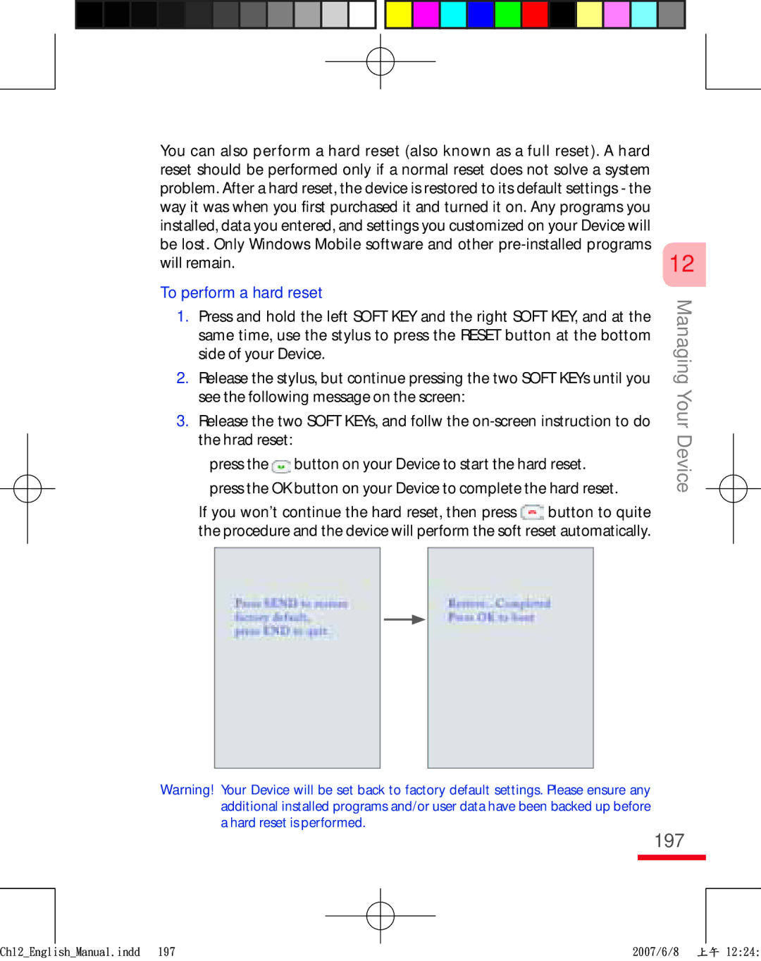 HTC TRIN100 user manual 197, To perform a hard reset 