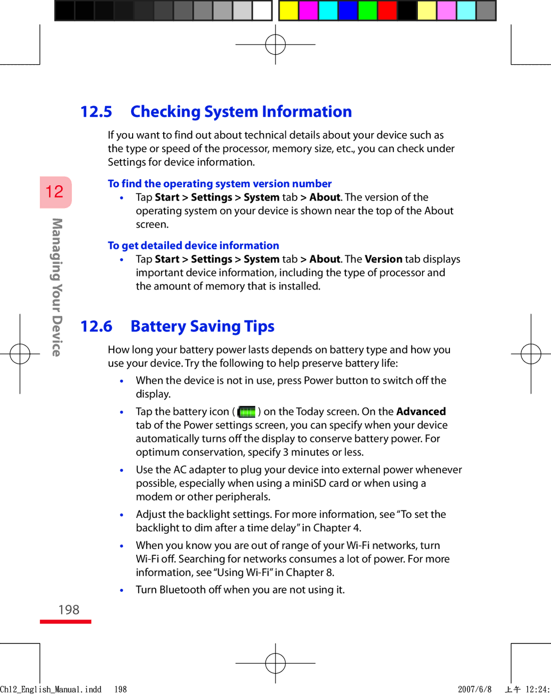 HTC TRIN100 user manual 198, To find the operating system version number, To get detailed device information 