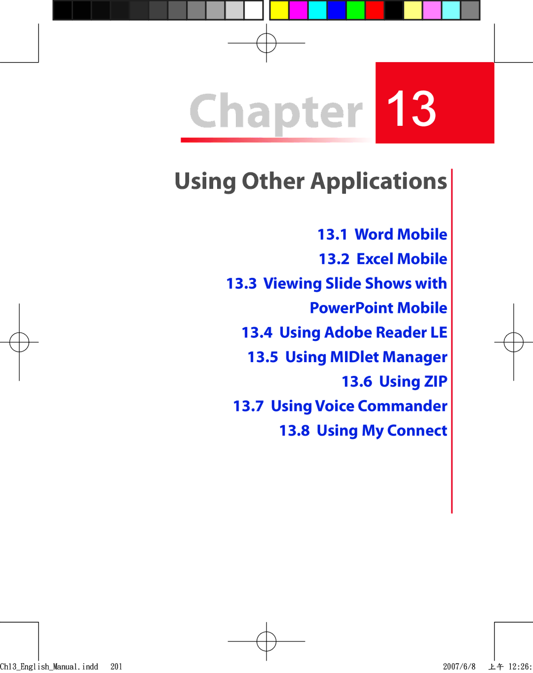 HTC TRIN100 user manual Using Other Applications, Word Mobile Excel Mobile 