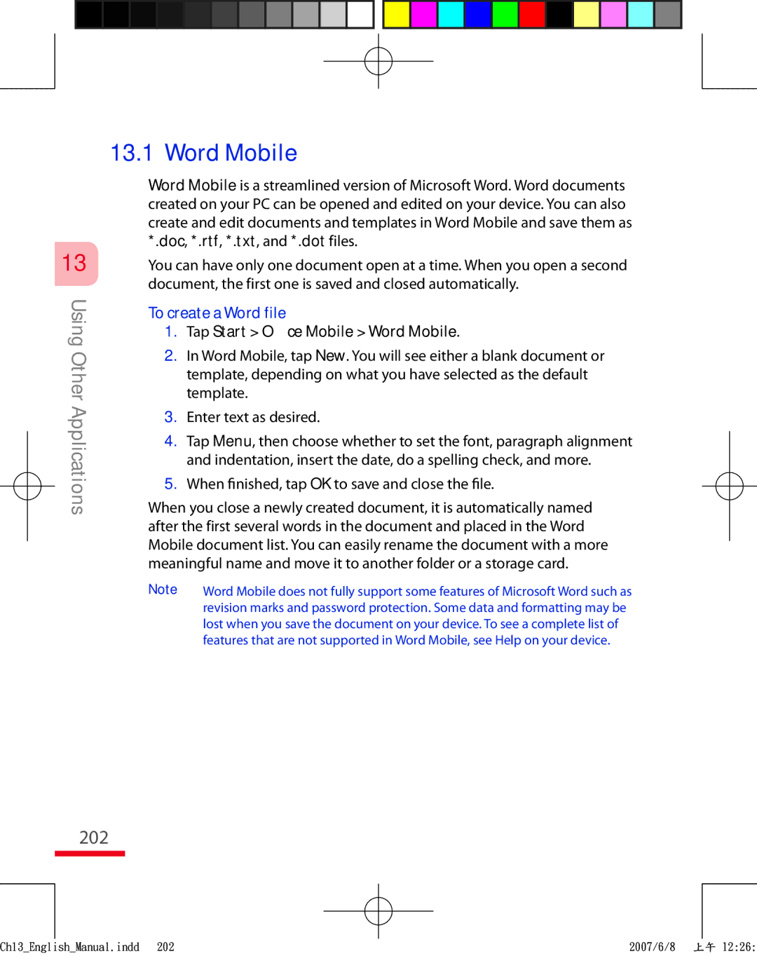 HTC TRIN100 user manual 202, To create a Word file, Tap Start Office Mobile Word Mobile 