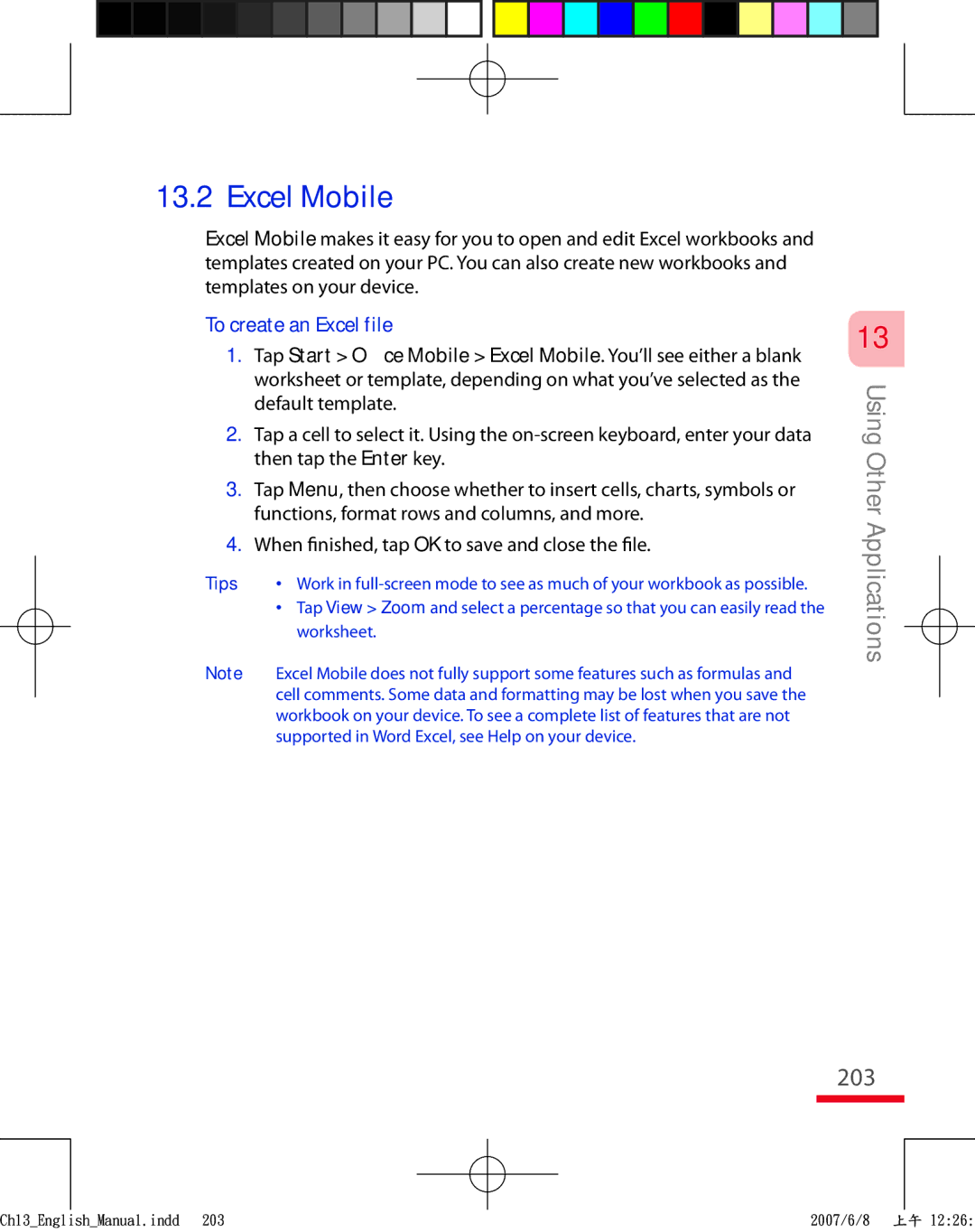 HTC TRIN100 user manual 203, To create an Excel file 