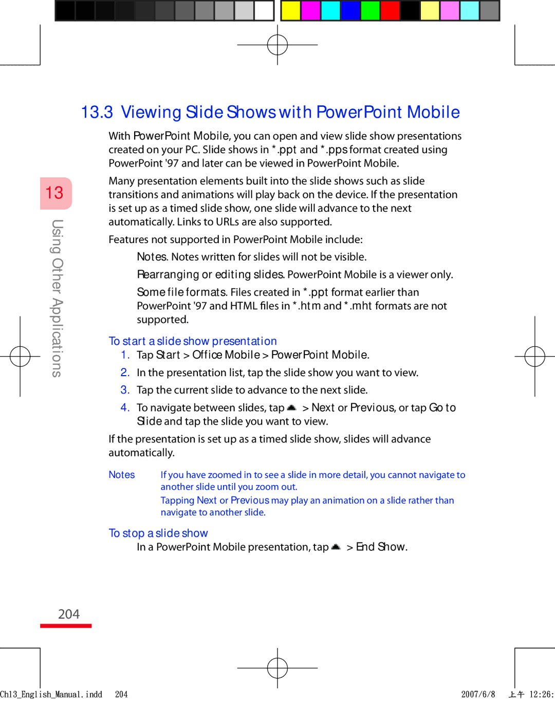 HTC TRIN100 user manual Viewing Slide Shows with PowerPoint Mobile, 204, Tap Start Office Mobile PowerPoint Mobile 