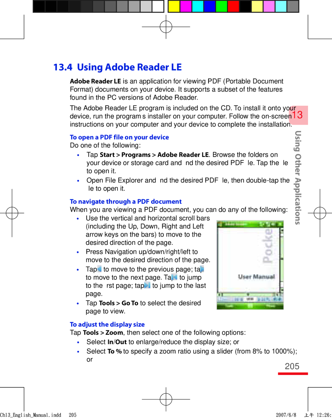 HTC TRIN100 user manual Using Adobe Reader LE, 205, To adjust the display size 