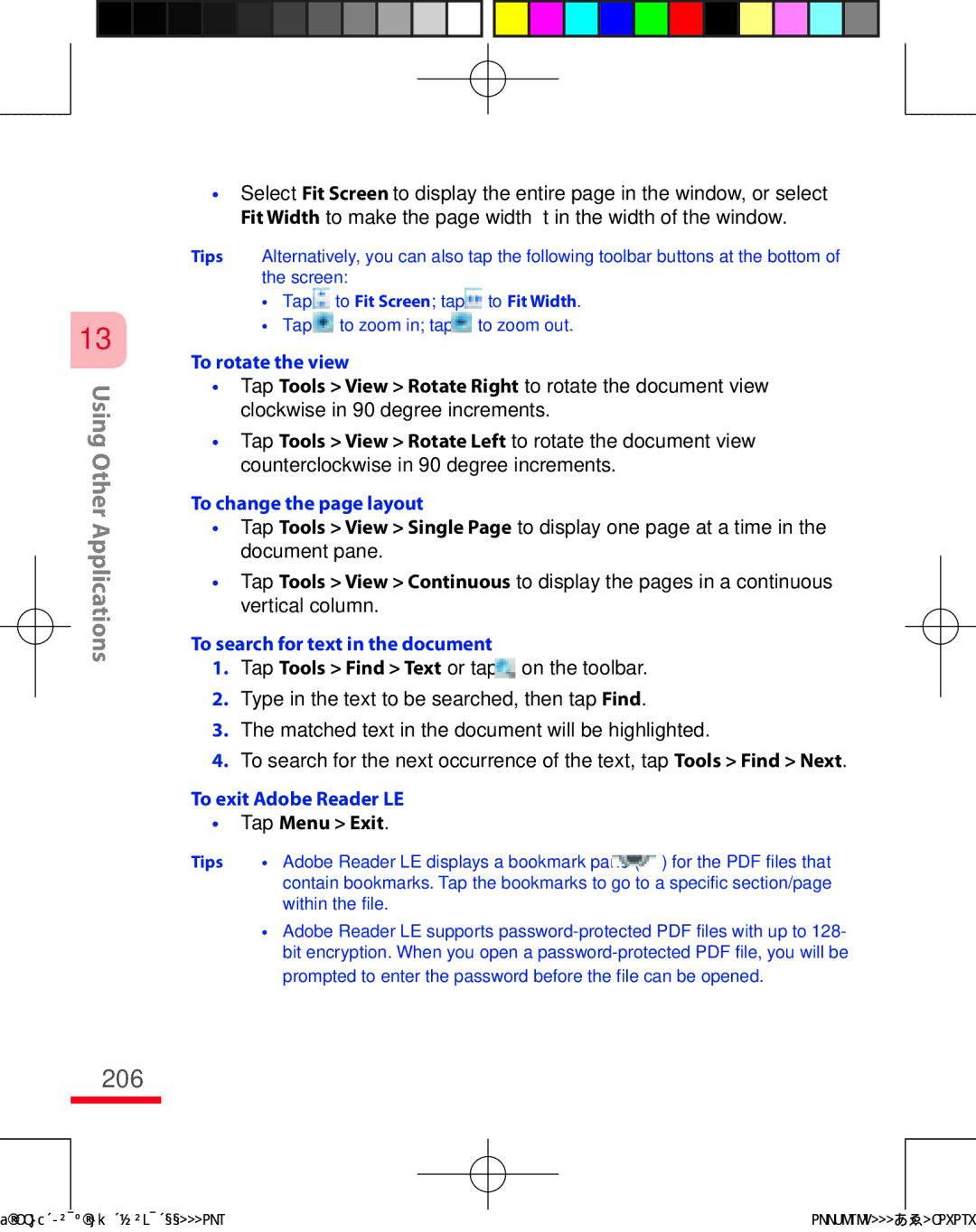 HTC TRIN100 user manual 206, To rotate the view, To change the page layout, To search for text in the document 