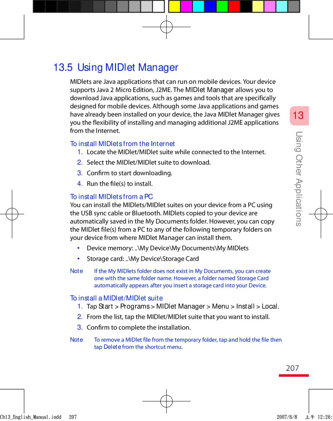 HTC TRIN100 207, To install MIDlets from the Internet, To install MIDlets from a PC, To install a MIDlet/MIDlet suite 