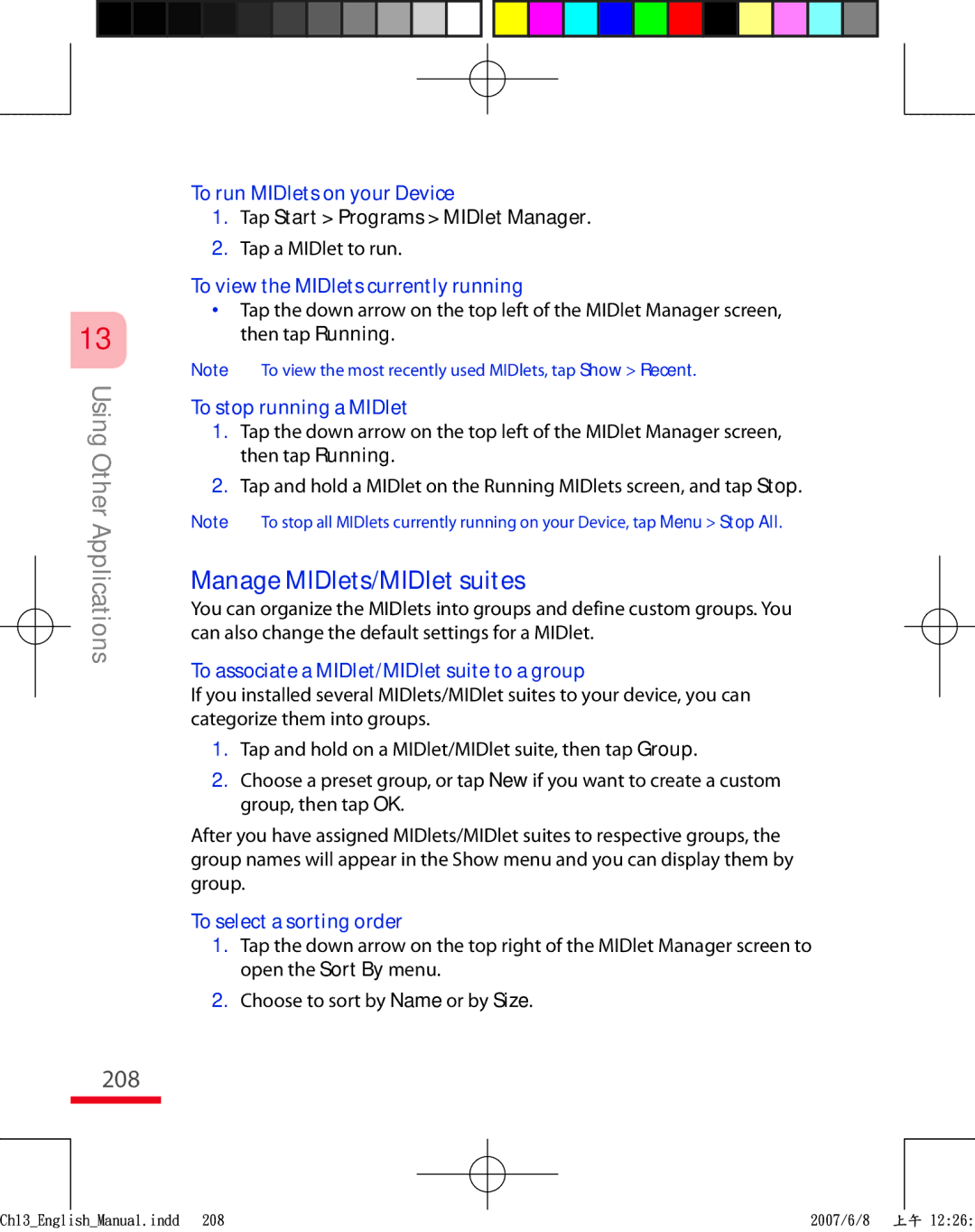 HTC TRIN100 user manual 208, Manage MIDlets/MIDlet suites 