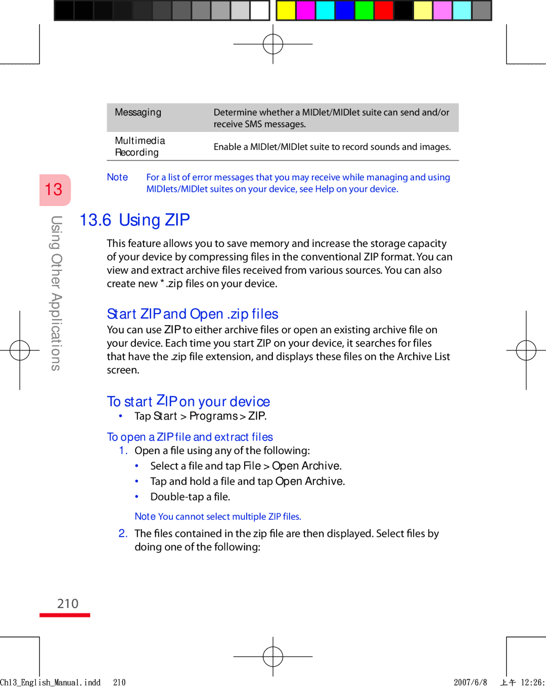 HTC TRIN100 user manual Start ZIP and Open .zip files, To start ZIP on your device, 210, Tap Start Programs ZIP 