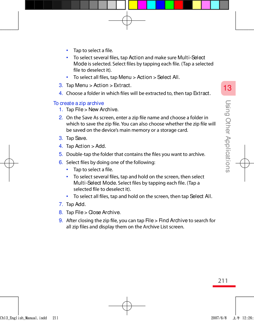 HTC TRIN100 user manual 211, To create a zip archive 