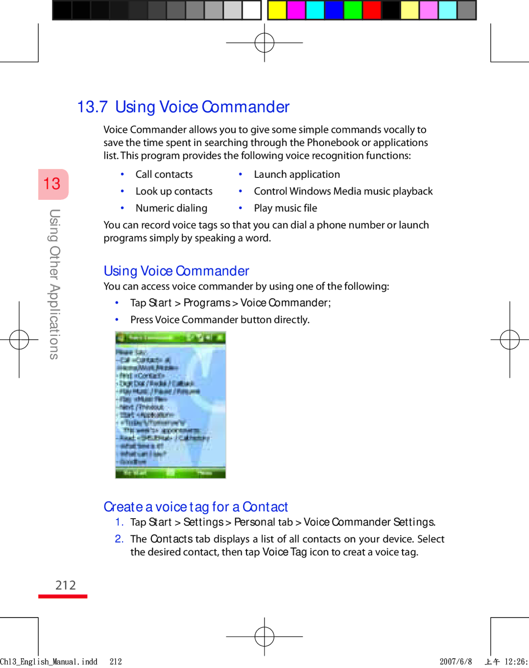 HTC TRIN100 user manual Using Voice Commander, Create a voice tag for a Contact, 212, Numeric dialing Play music file 