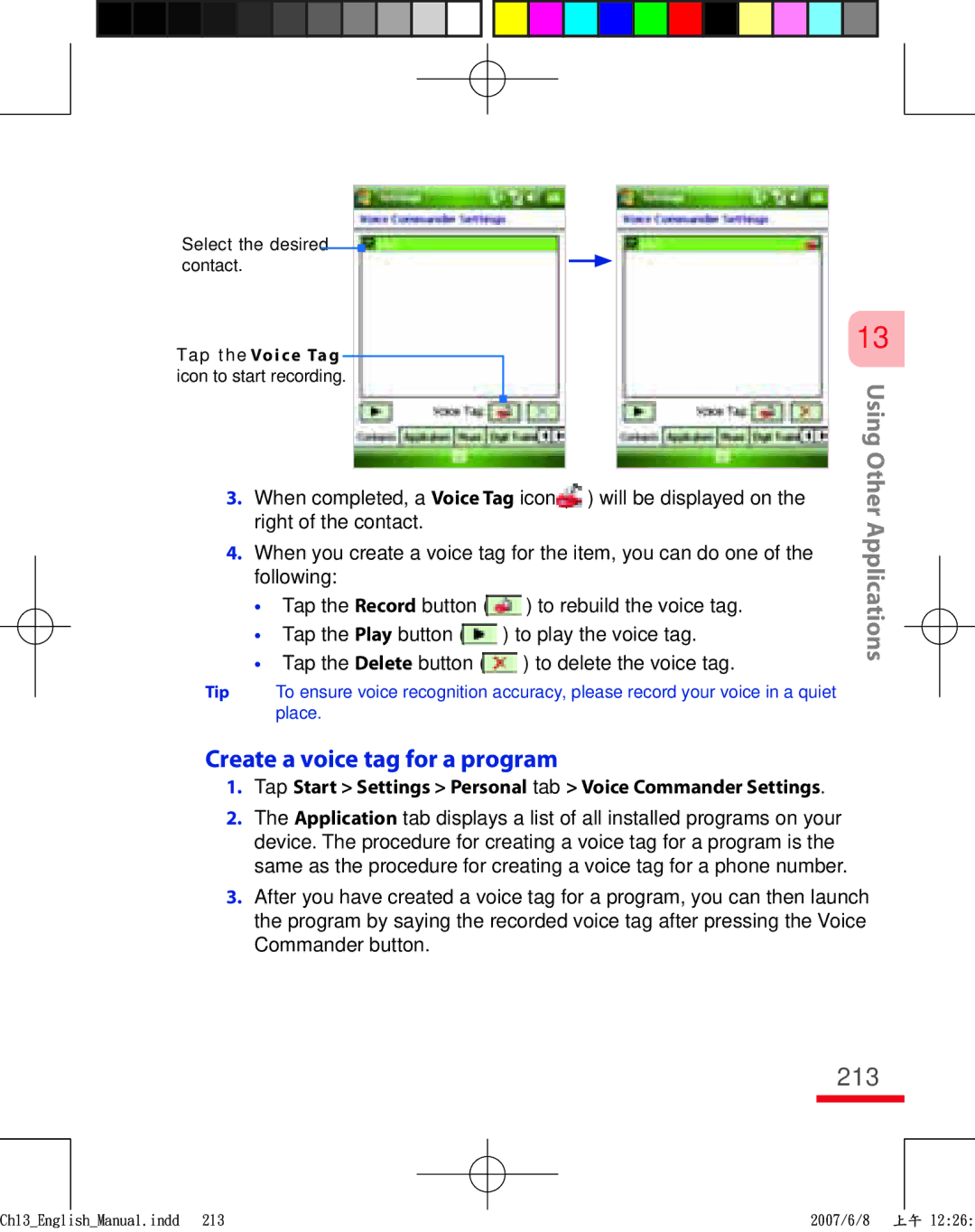 HTC TRIN100 user manual Create a voice tag for a program, 213 