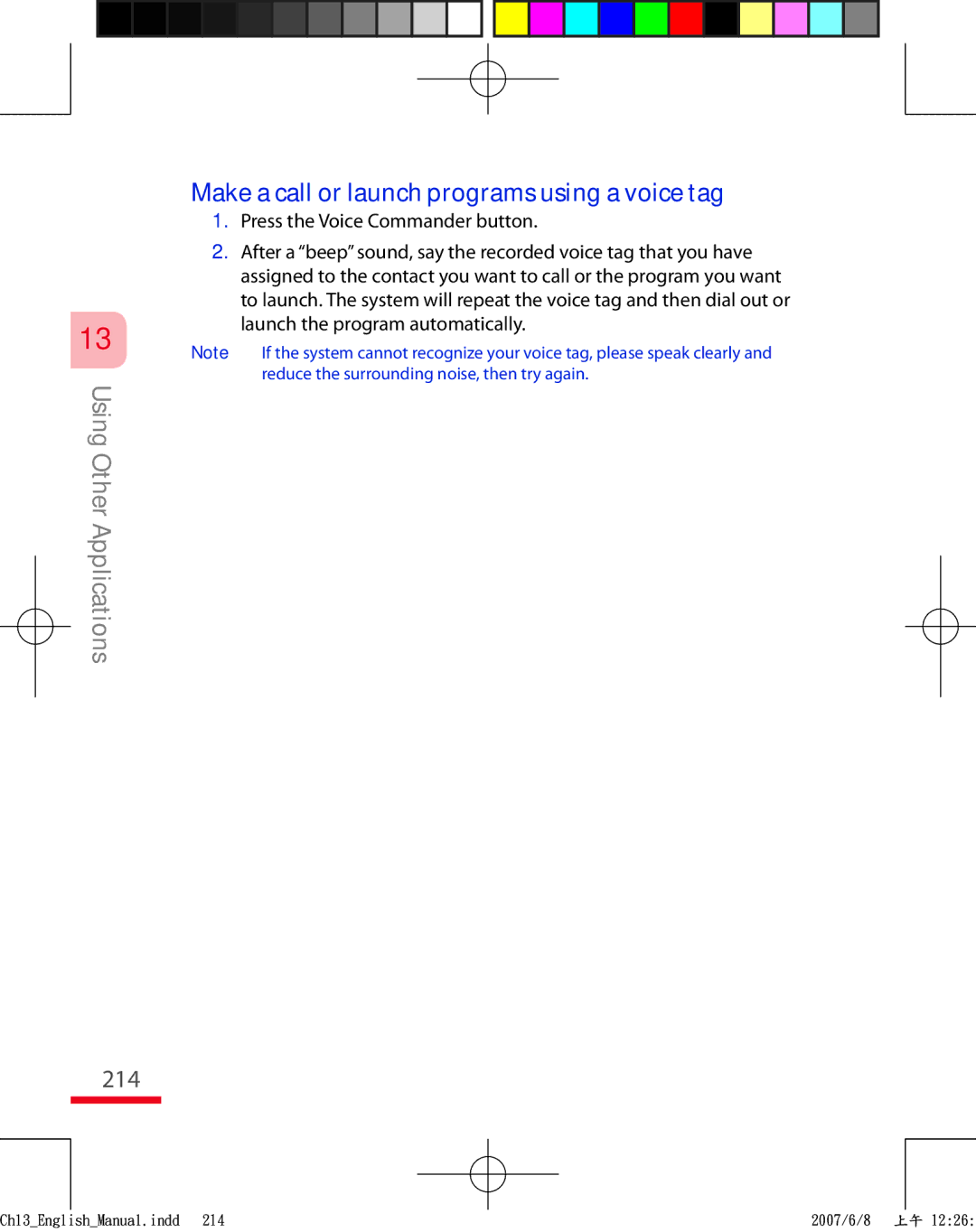 HTC TRIN100 user manual 214, Make a call or launch programs using a voice tag 