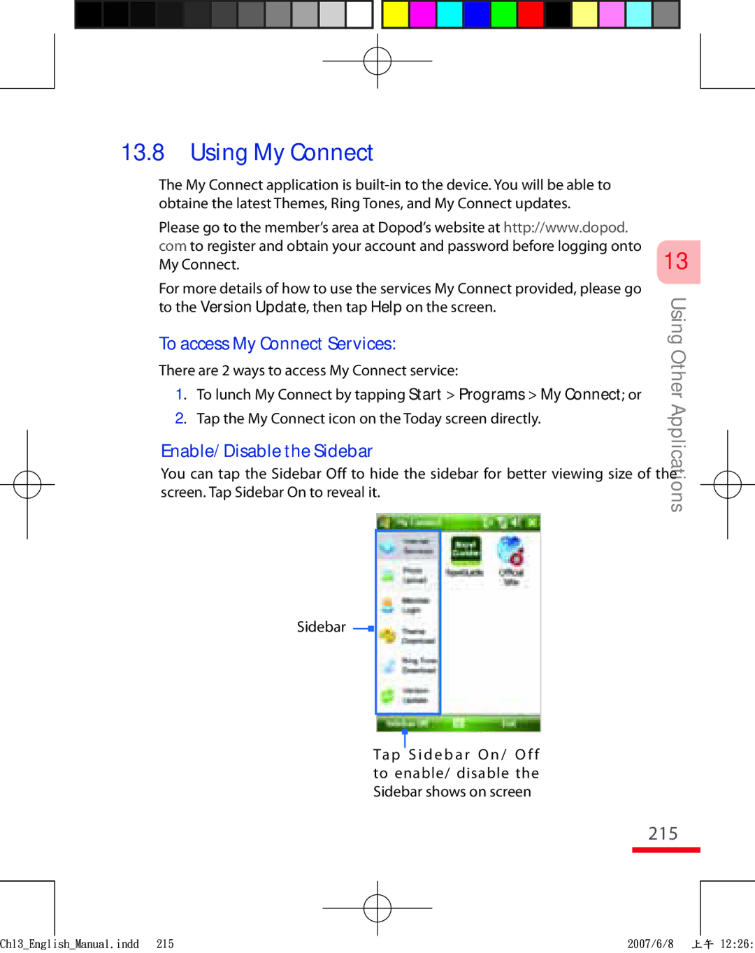 HTC TRIN100 user manual 215, Sidebar 