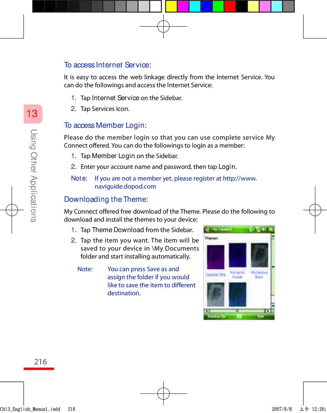 HTC TRIN100 user manual 216, To access Internet Service 