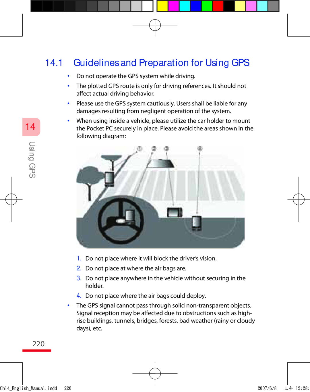 HTC TRIN100 user manual Guidelines and Preparation for Using GPS, 220 