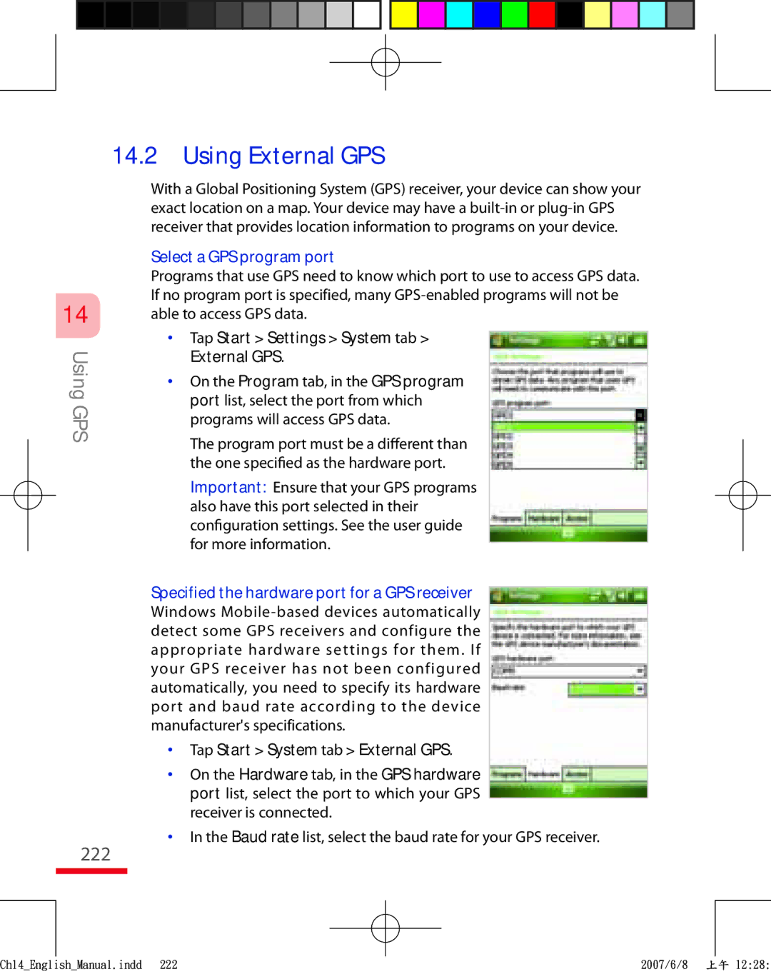 HTC TRIN100 user manual 222, Select a GPS program port, Able to access GPS data, Tap Start Settings System tab External GPS 